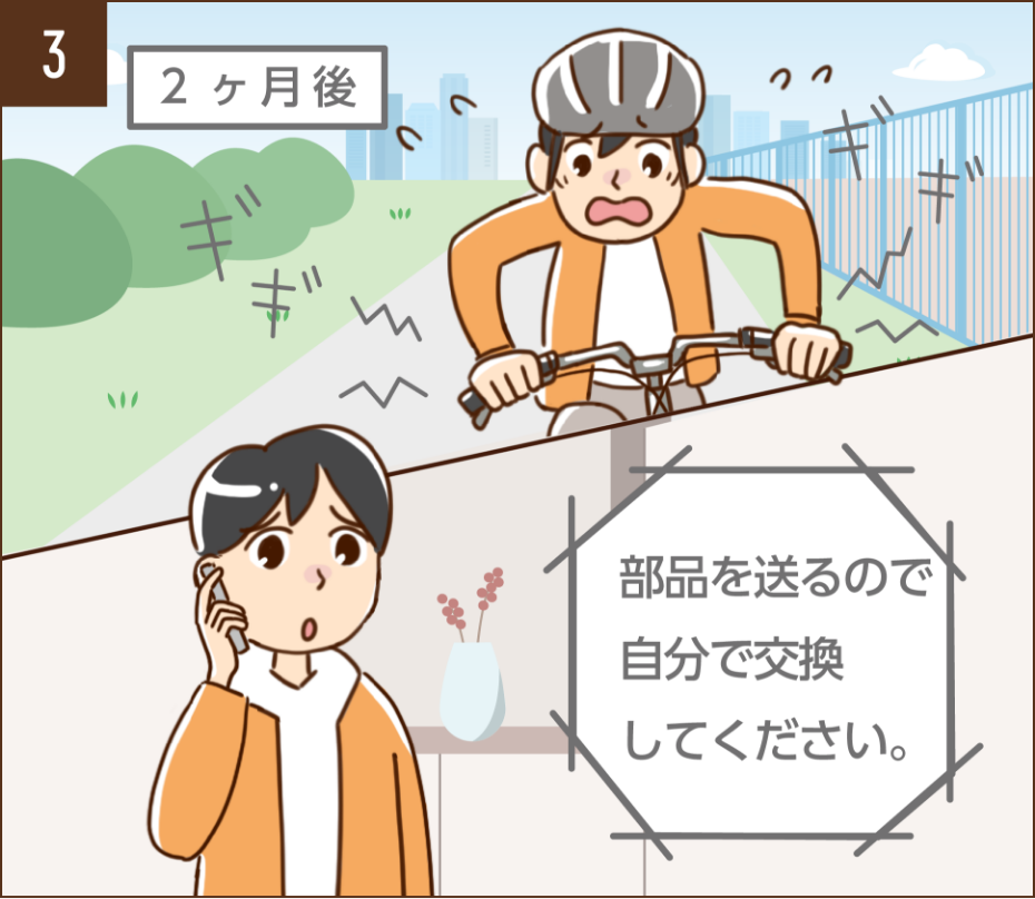 ブレーキが故障して、事業者に連絡したが、部品を送るので自分で交換してくださいと言われたりく