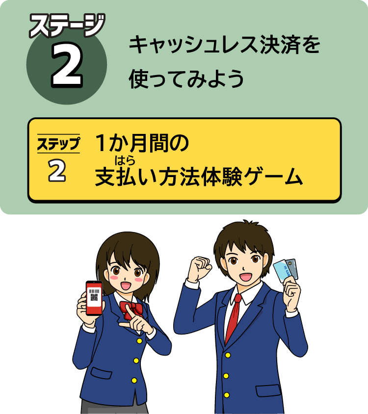 ステージ2、キャッシュレス決済を使ってみよう・ステップ2、1カ月間の支払い方法体験ゲーム