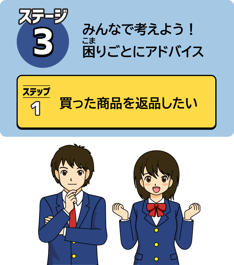 ステージ3、みんなで考えよう！困りごとアドバイス・ステップ1、買った商品を返品したい