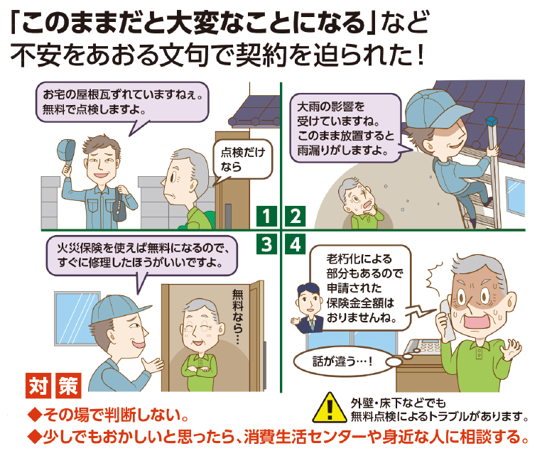 屋根を点検する業者のイラスト「このままだと大変なことになる」など不安をあおる文句で契約を迫られた! 対策 その場で判断しない 少しでもおかしいと思ったら、消費生活センターや身近な人に相談する。
