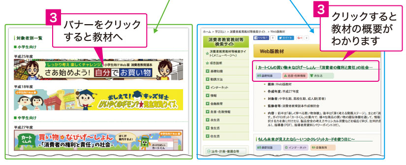 3.「使用教材が決まっている方はこちら（対象者別一覧）」を選んだ場合は、バナーをクリックすると教材へジャンプします。「これまでに作ったWEB教材の内容が知りたい方はこちら」を選んだ場合は、教材のタイトルをクリックすると教材の概要がわかります