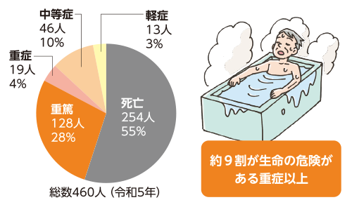 死亡 254人 55% 重篤 128人 28% 重症 19人 4% 中等症 46人 10% 軽症 13人 3% 総数460人(令和5年) 約9割が生命の危険がある重症以上