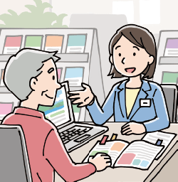 アドバイスを受けながら旅行の予約を行っているイラスト