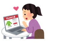 広告につられてオンラインショッピングをする女性のイラスト