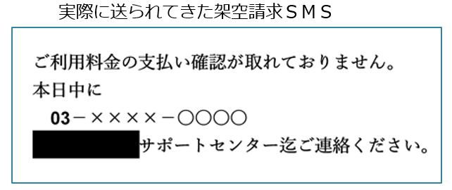 実際に送られてきたSMS　ご利用料金の支払い確認が取れておりません。本日中に03まるまる何某サポートセンターまでご連絡ください。